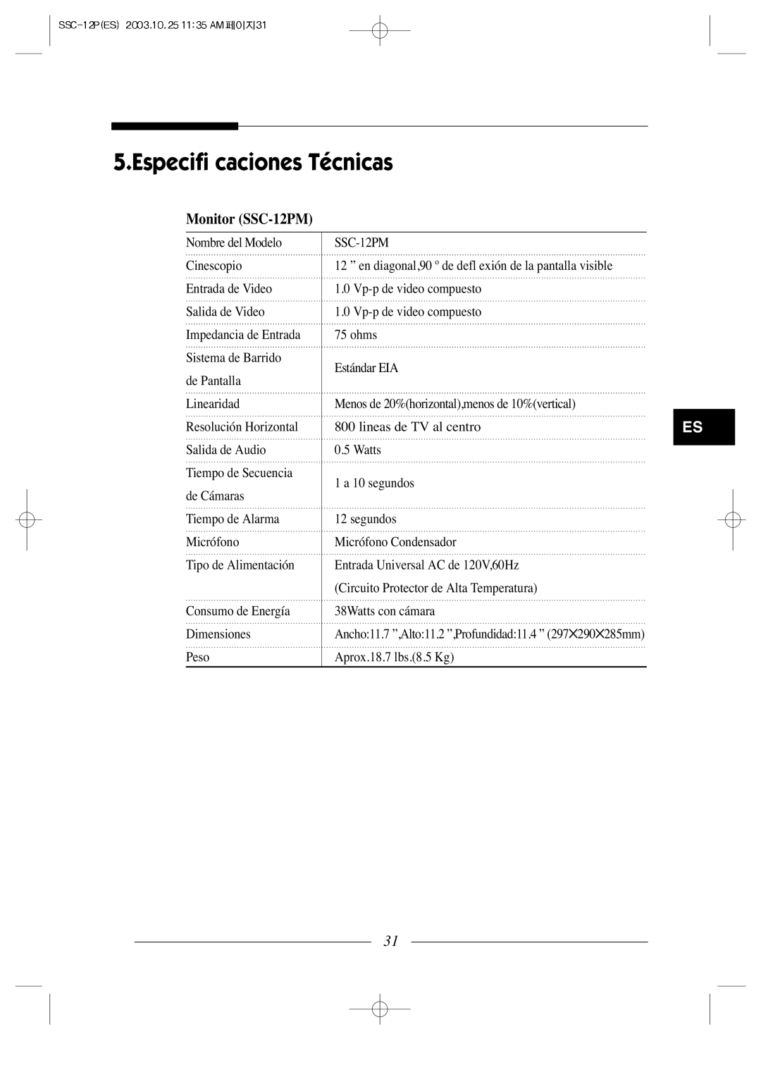 Samsung manual Especifi caciones Técnicas, Monitor SSC-12PM 