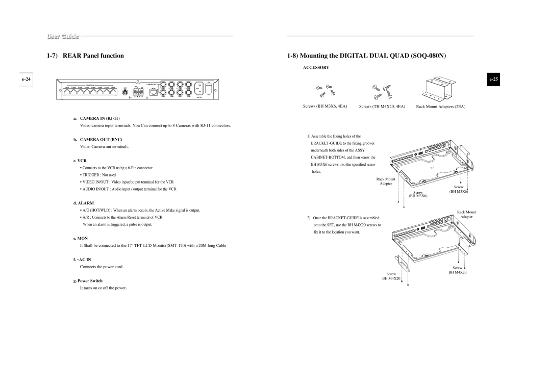 Samsung SSC-17TQ installation manual Rear Panel function, Mounting the Digital Dual Quad SOQ-080N, Accessory 