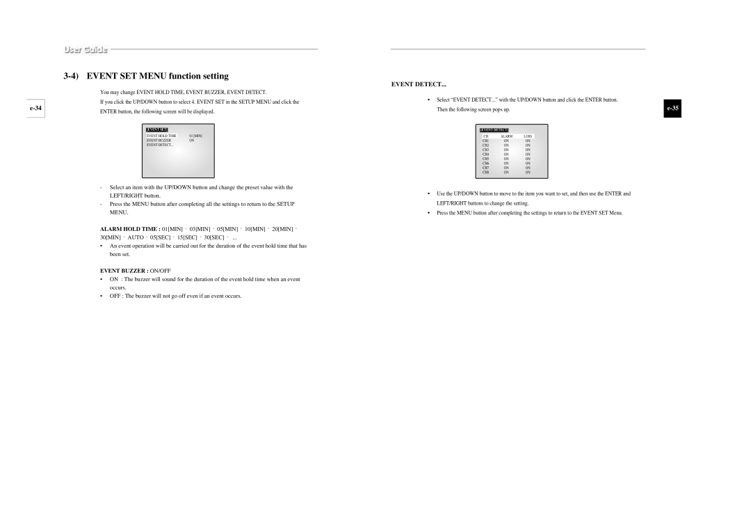 Samsung SSC-17TQ installation manual Event SET Menu function setting, Event Buzzer ON/OFF 