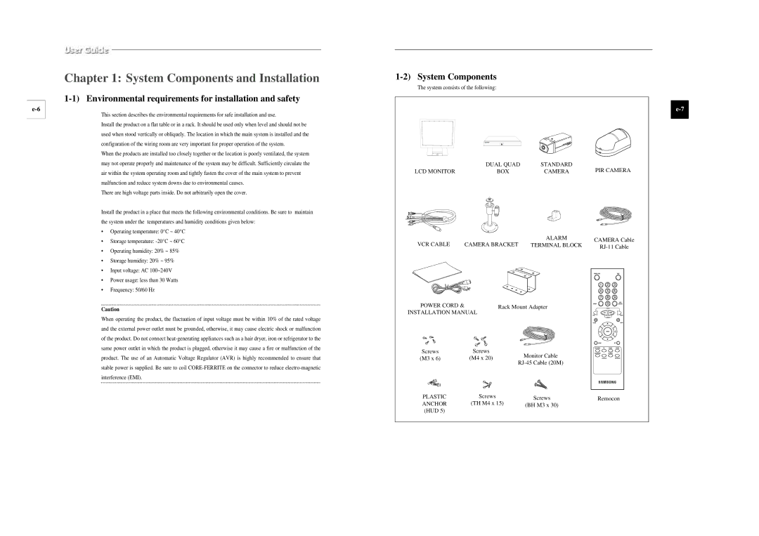 Samsung SSC-17TQ System Components and Installation, Environmental requirements for installation and safety 