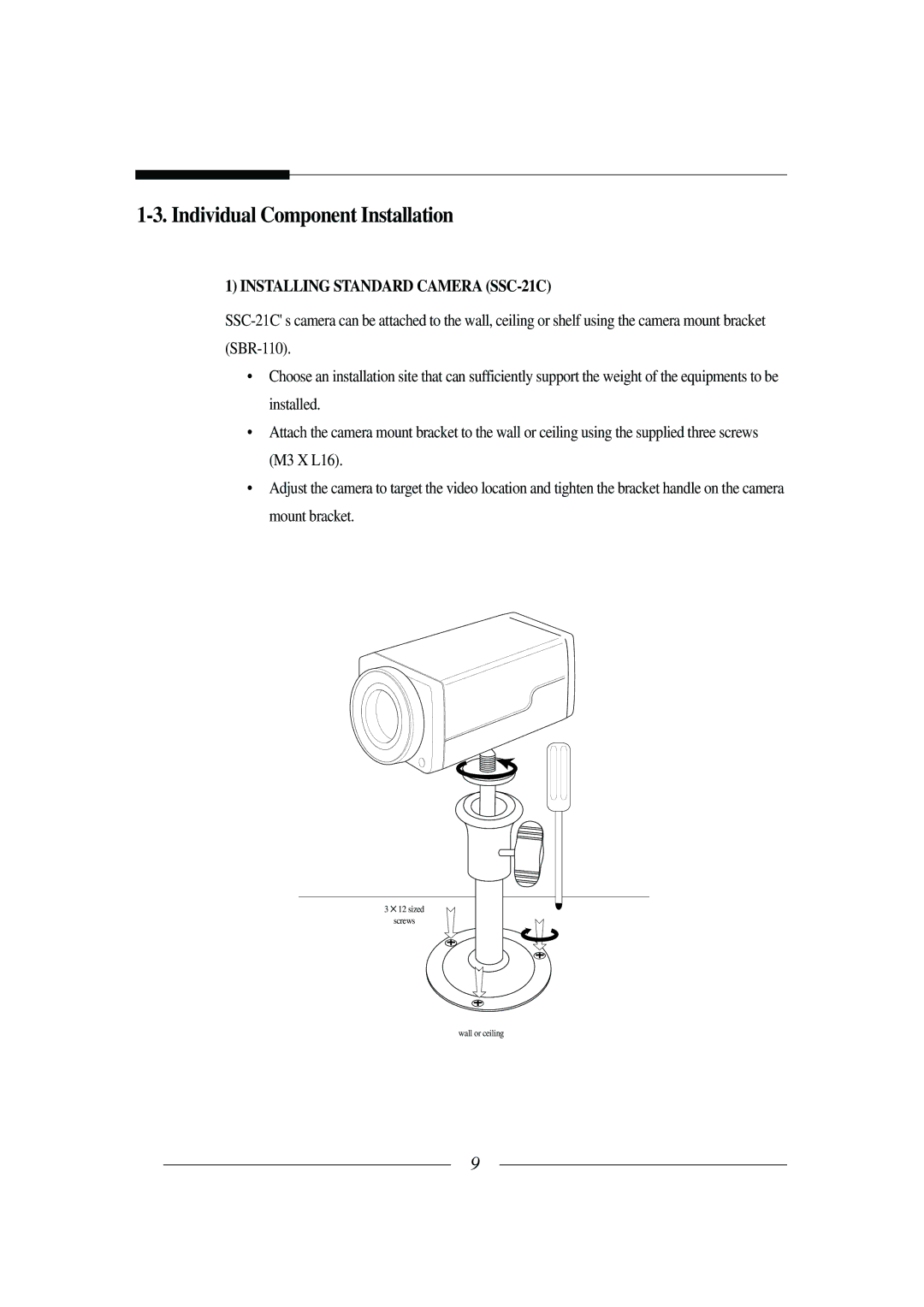 Samsung installation manual Individual Component Installation, Installing Standard Camera SSC-21C 