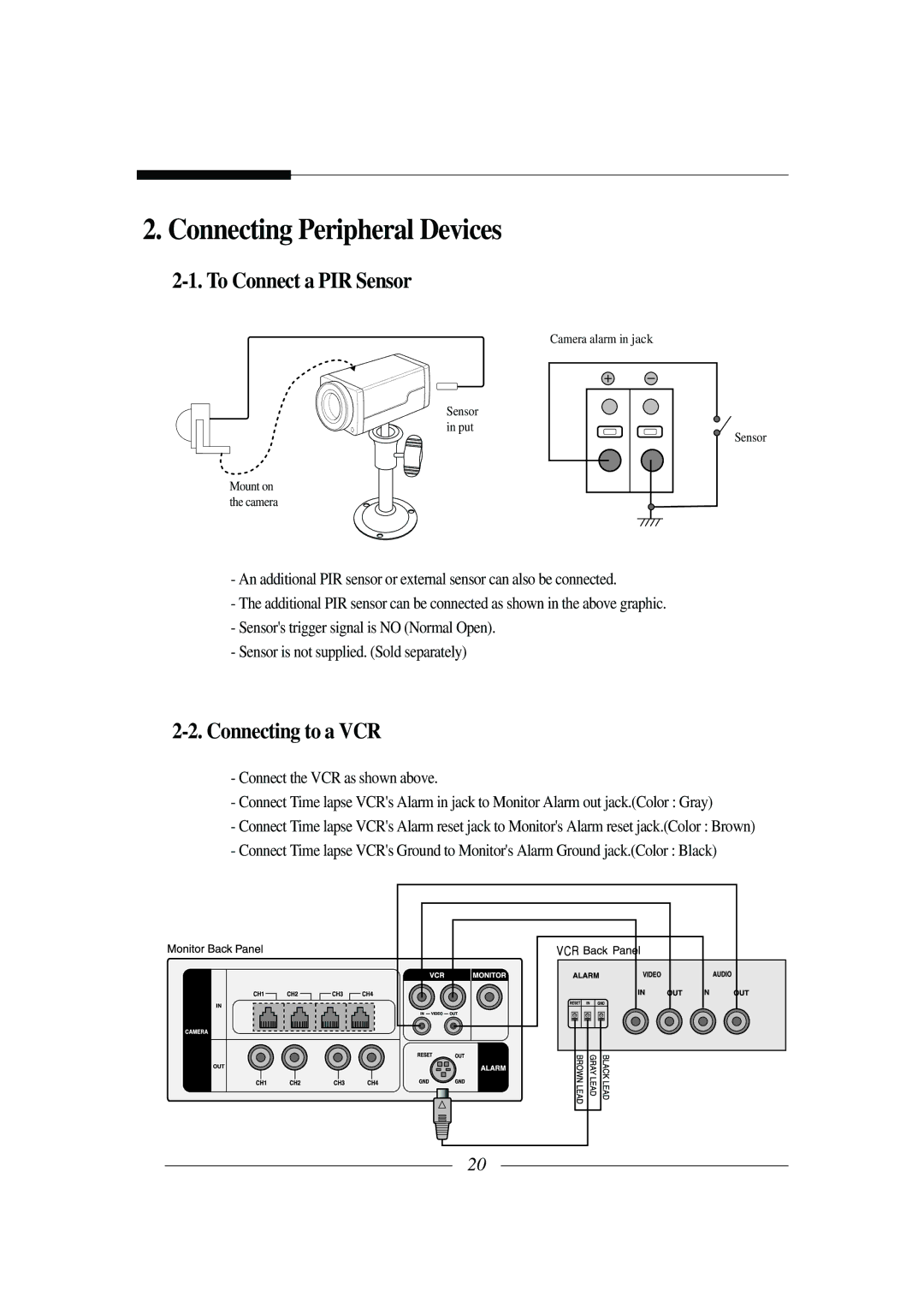 Samsung SSC-21 installation manual Connecting Peripheral Devices, To Connect a PIR Sensor, Connecting to a VCR 