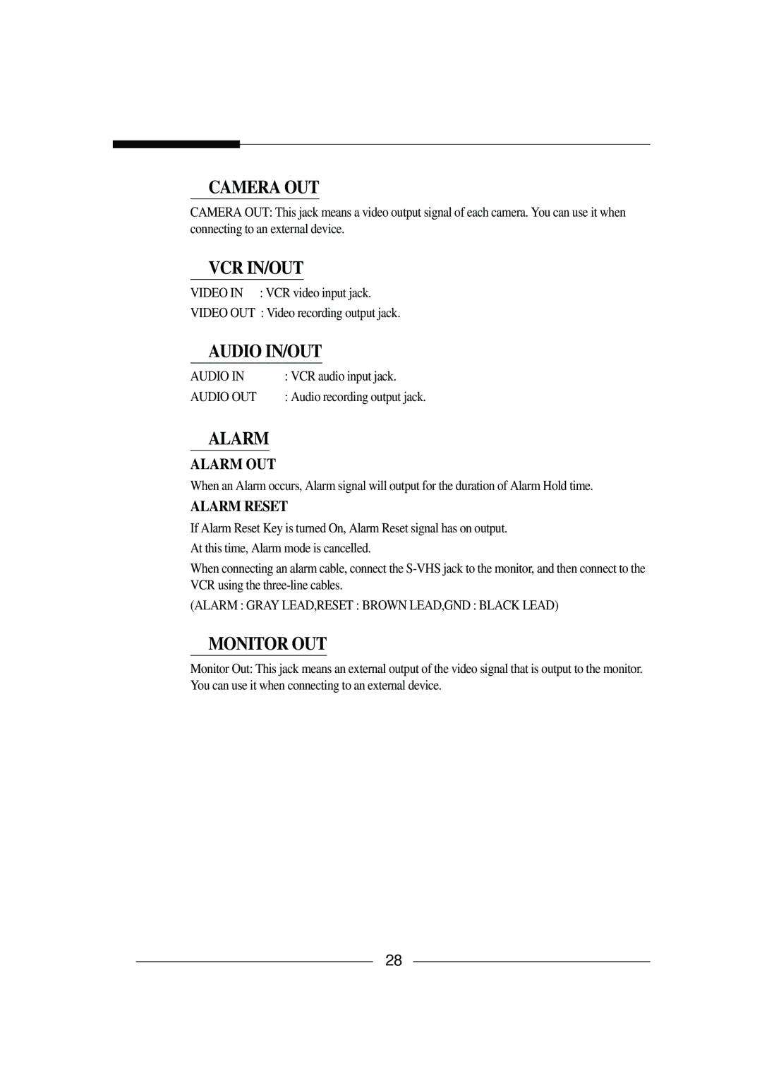 Samsung SSC-21 installation manual ③ Camera OUT, ④ VCR IN/OUT, ⑤ Audio IN/OUT, ➅ Alarm, ➆ Monitor OUT 