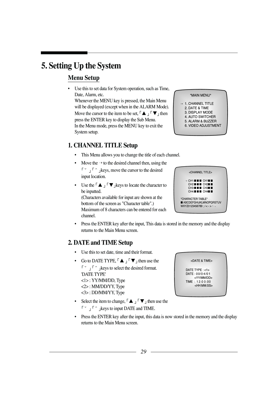 Samsung SSC-21 installation manual Setting Up the System, Menu Setup, Channel Title Setup, Date and Time Setup, Date Type 