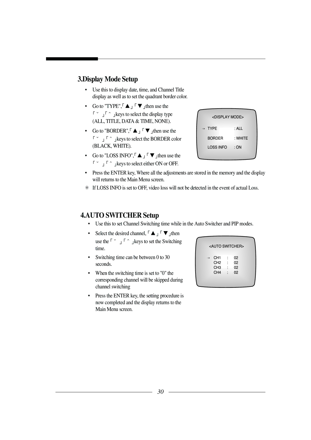 Samsung SSC-21 installation manual Display Mode Setup, Auto Switcher Setup, BLACK, White 