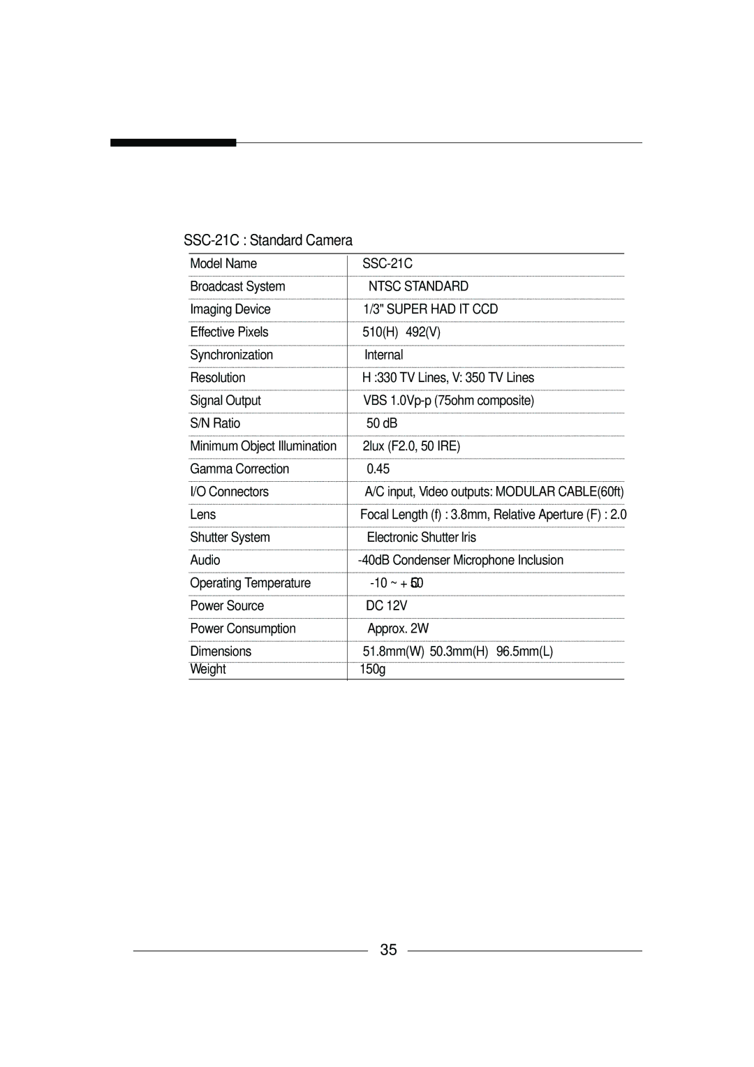 Samsung installation manual SSC-21C Standard Camera, SSC-21C Ntsc Standard Super had IT CCD 