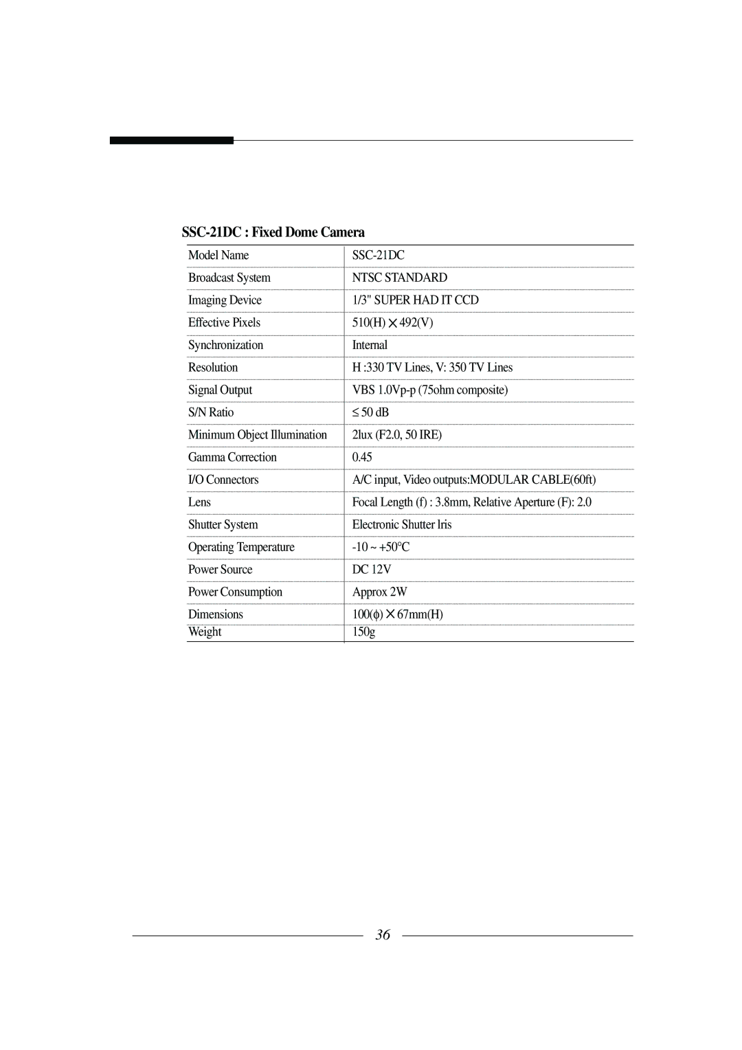 Samsung installation manual SSC-21DC Fixed Dome Camera, SSC-21DC Ntsc Standard Super had IT CCD 