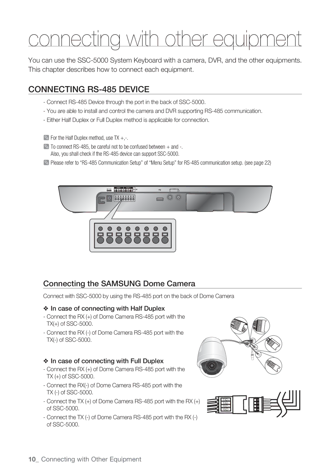 Samsung SSC-5000 Connecting RS-485 Device, Connecting the Samsung Dome Camera, Case of connecting with Half Duplex 