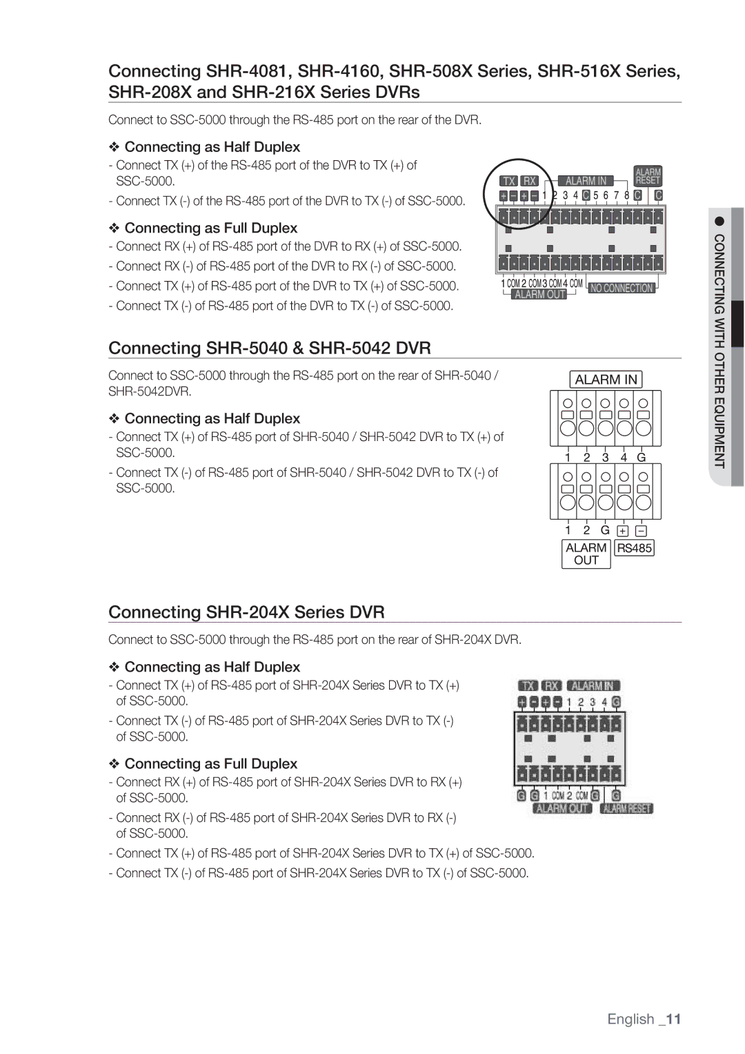 Samsung SSC-5000 user manual Connecting SHR-5040 & SHR-5042 DVR, Connecting SHR-204X Series DVR, Connecting as Half Duplex 