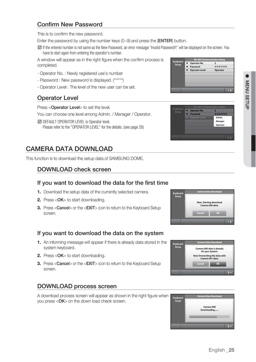 Samsung SSC-5000 user manual Camera Data Download, Download check screen, Download process screen 