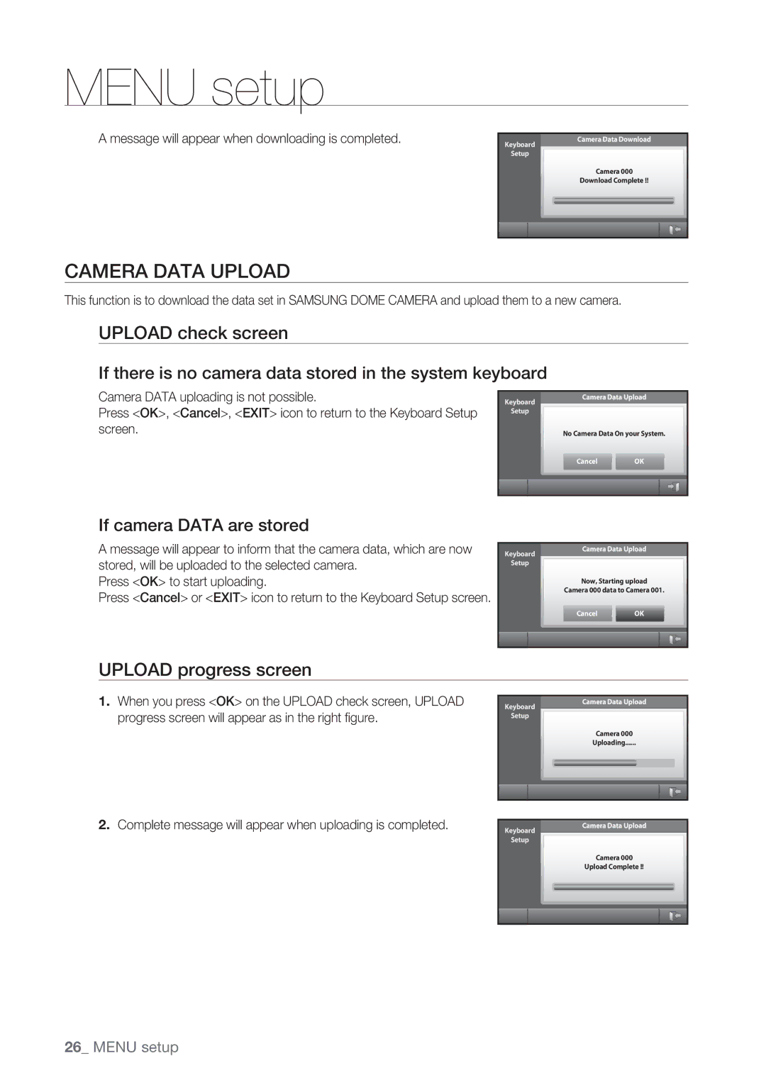 Samsung SSC-5000 user manual Camera Data Upload, Upload check screen, Upload progress screen 