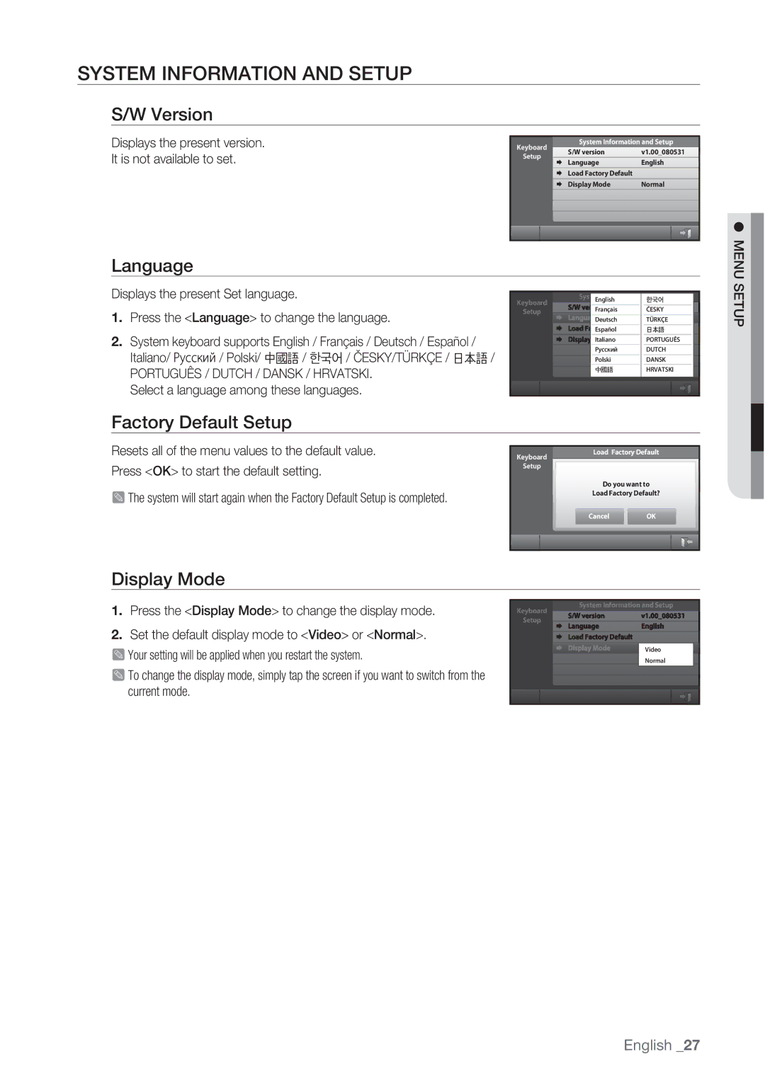 Samsung SSC-5000 user manual Factory Default Setup, Display Mode 