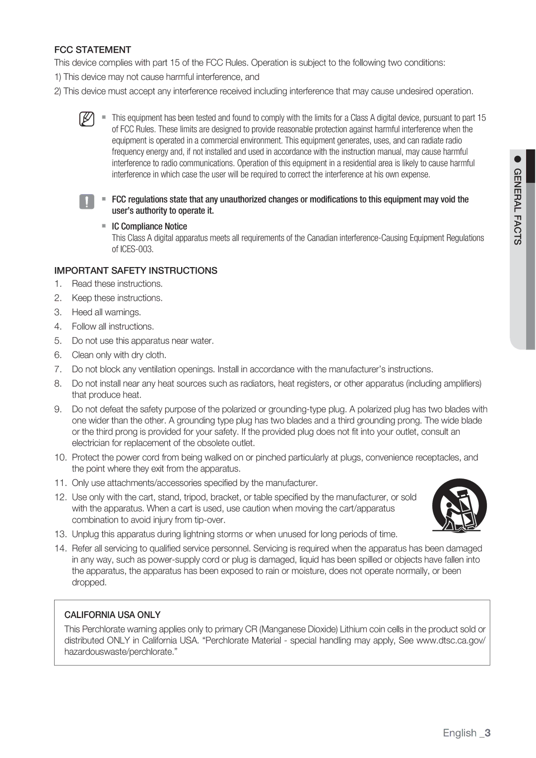 Samsung SSC-5000 user manual FCC Statement, Important Safety Instructions, California USA only General Facts 