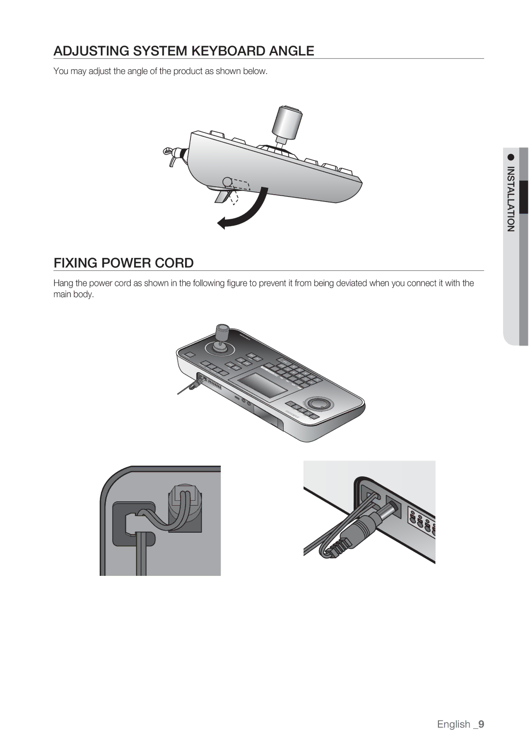 Samsung SSC-5000 user manual Adjusting System Keyboard Angle, Fixing Power Cord, Installation 