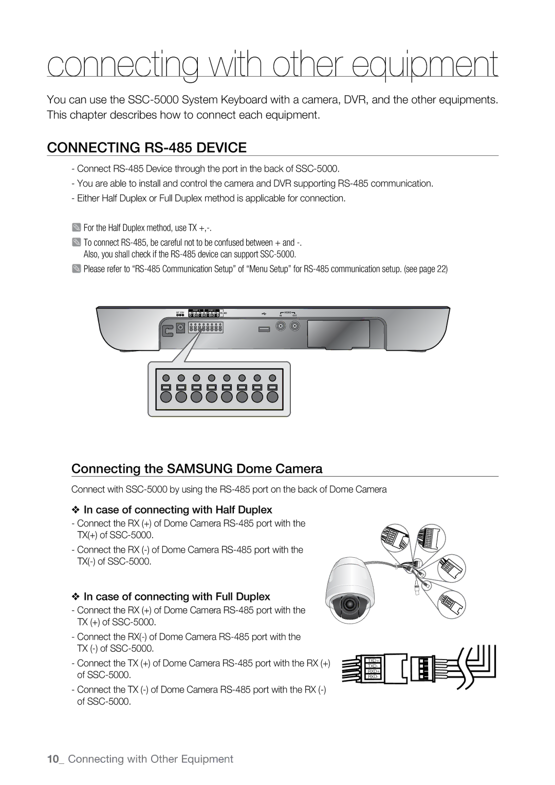 Samsung SSC-5000N manual Connecting RS-485 Device, Connecting the Samsung Dome Camera, Case of connecting with Half Duplex 