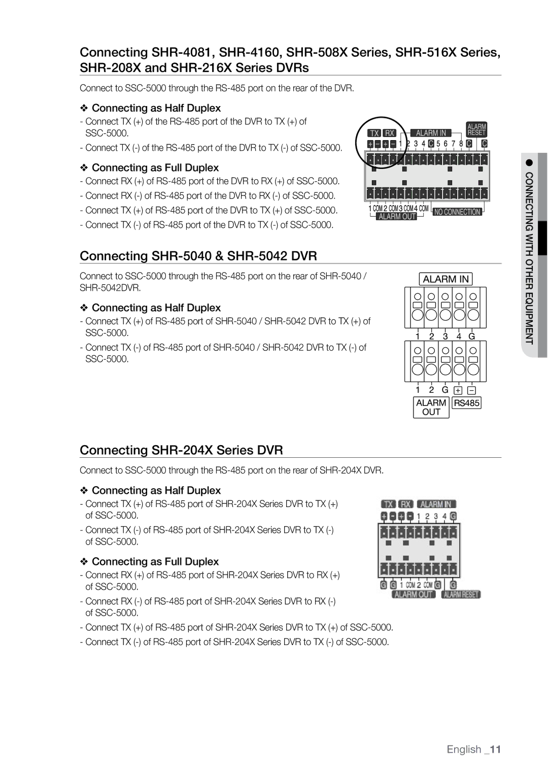 Samsung SSC-5000N manual Connecting SHR-5040 & SHR-5042 DVR, Connecting SHR-204X Series DVR, Connecting as Half Duplex 