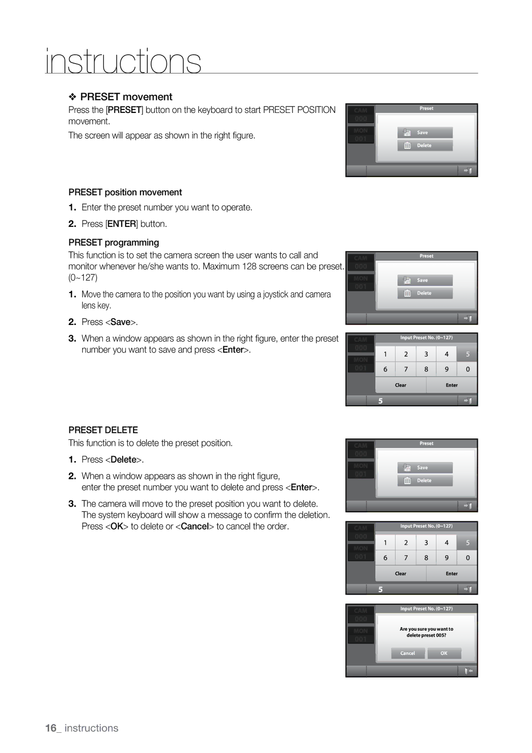 Samsung SSC-5000N manual Preset movement, Preset Delete 