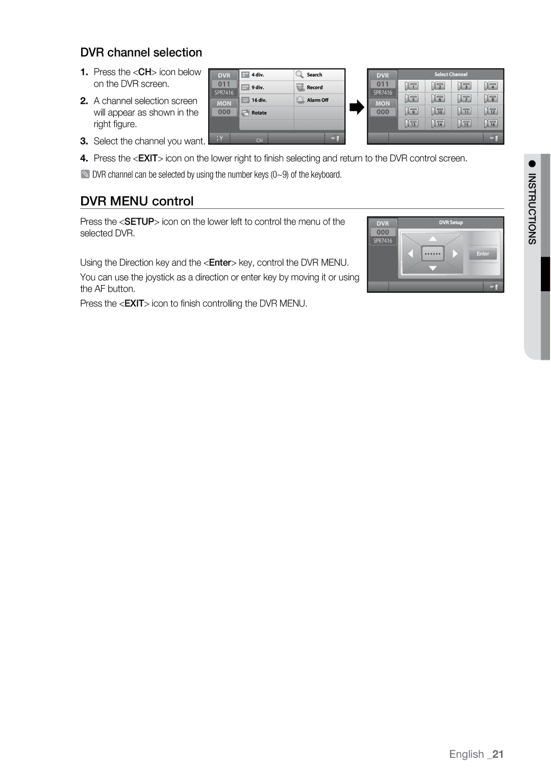 Samsung SSC-5000N manual DVR Menu control, DVR channel selection 