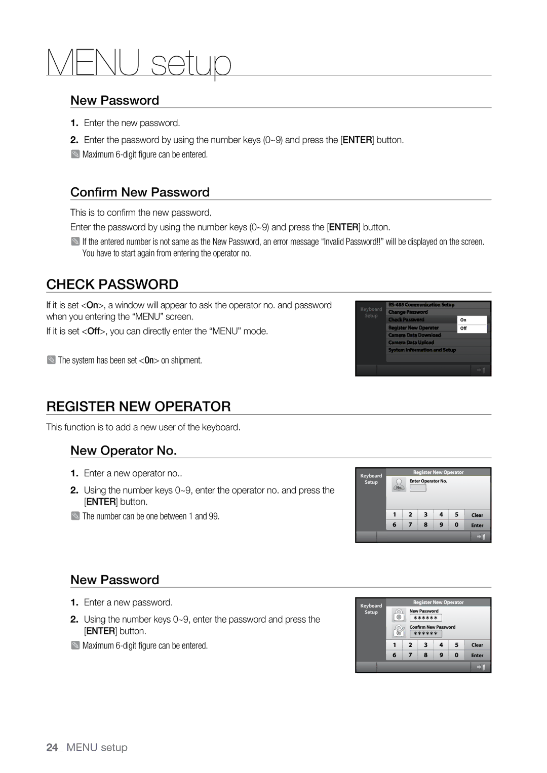 Samsung SSC-5000N manual Check Password, Register NEW Operator, Conﬁrm New Password, New Operator No 