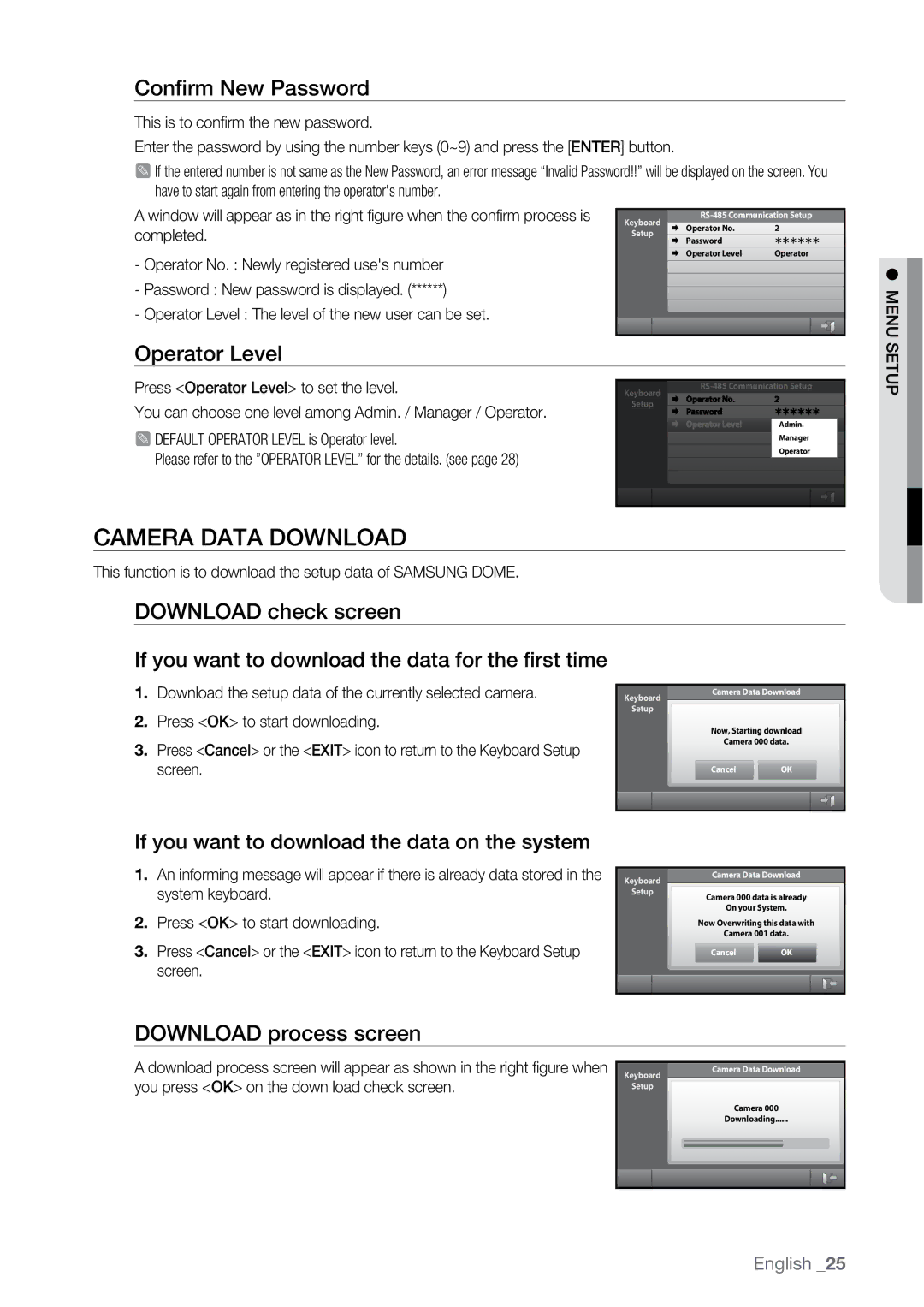 Samsung SSC-5000N manual Camera Data Download, Download check screen, Download process screen 