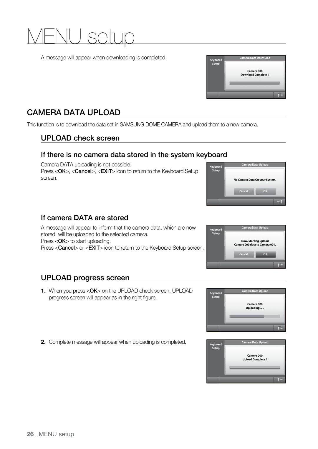 Samsung SSC-5000N manual Camera Data Upload, Upload check screen, Upload progress screen 