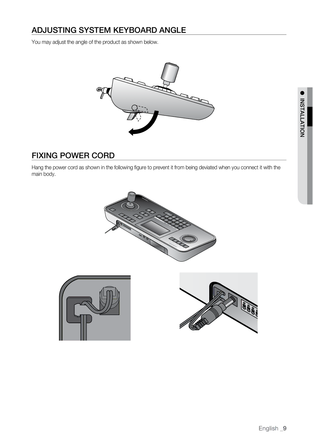 Samsung SSC-5000N manual Adjusting System Keyboard Angle, Fixing Power Cord, Installation 