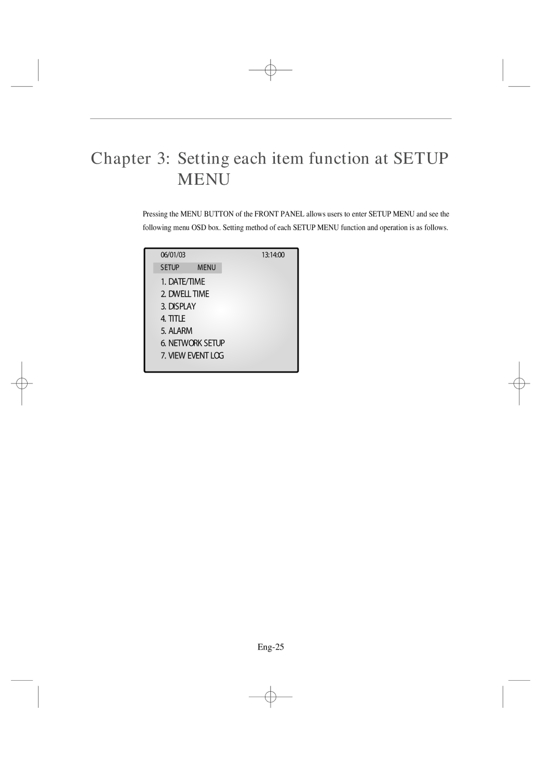 Samsung SSC17WEB manual Setting each item function at Setup Menu, Eng-25 