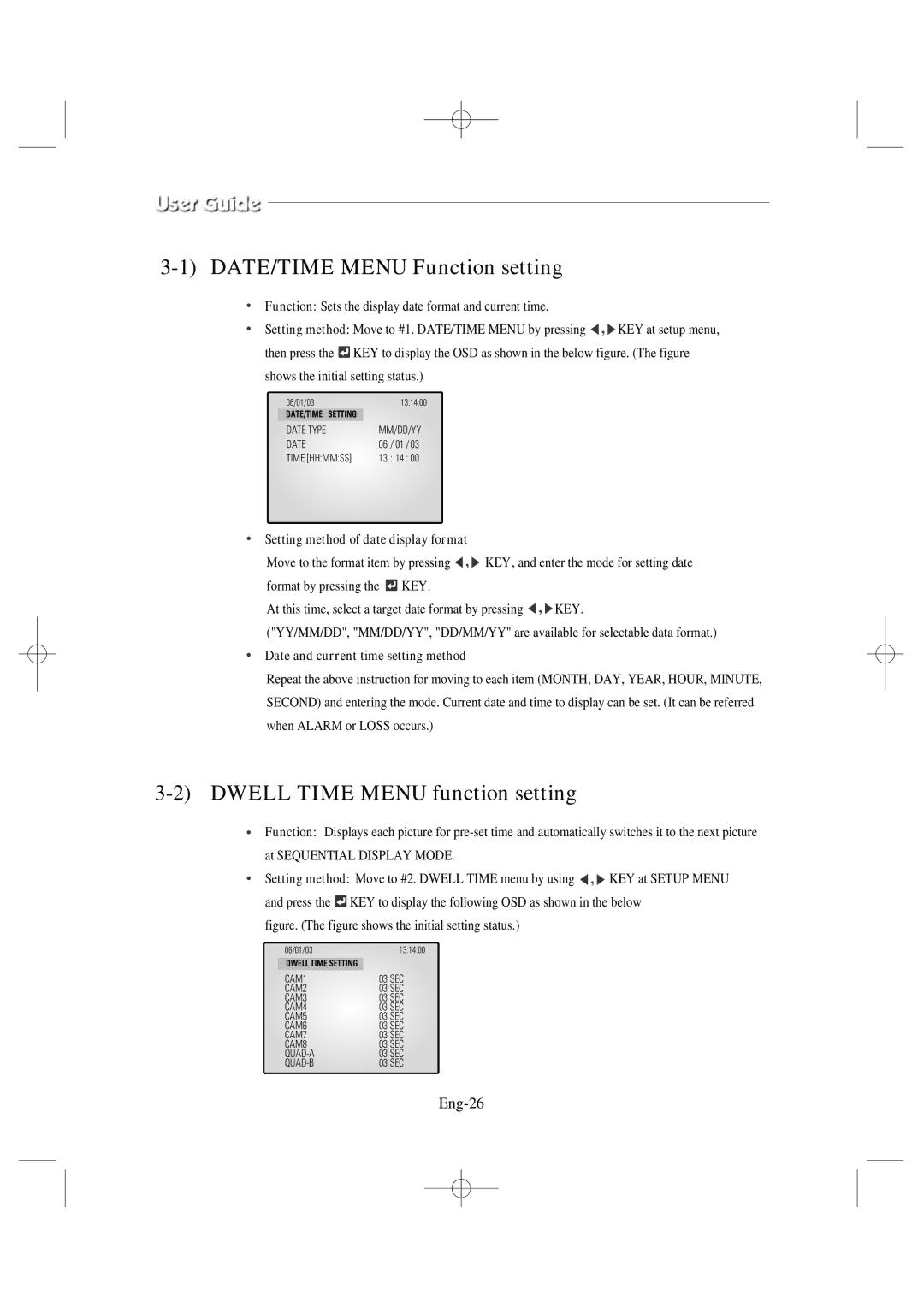 Samsung SSC17WEB manual DATE/TIME Menu Function setting, Dwell Time Menu function setting, Eng-26 