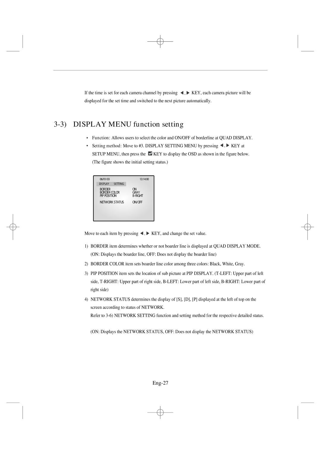 Samsung SSC17WEB manual Display Menu function setting, Eng-27 