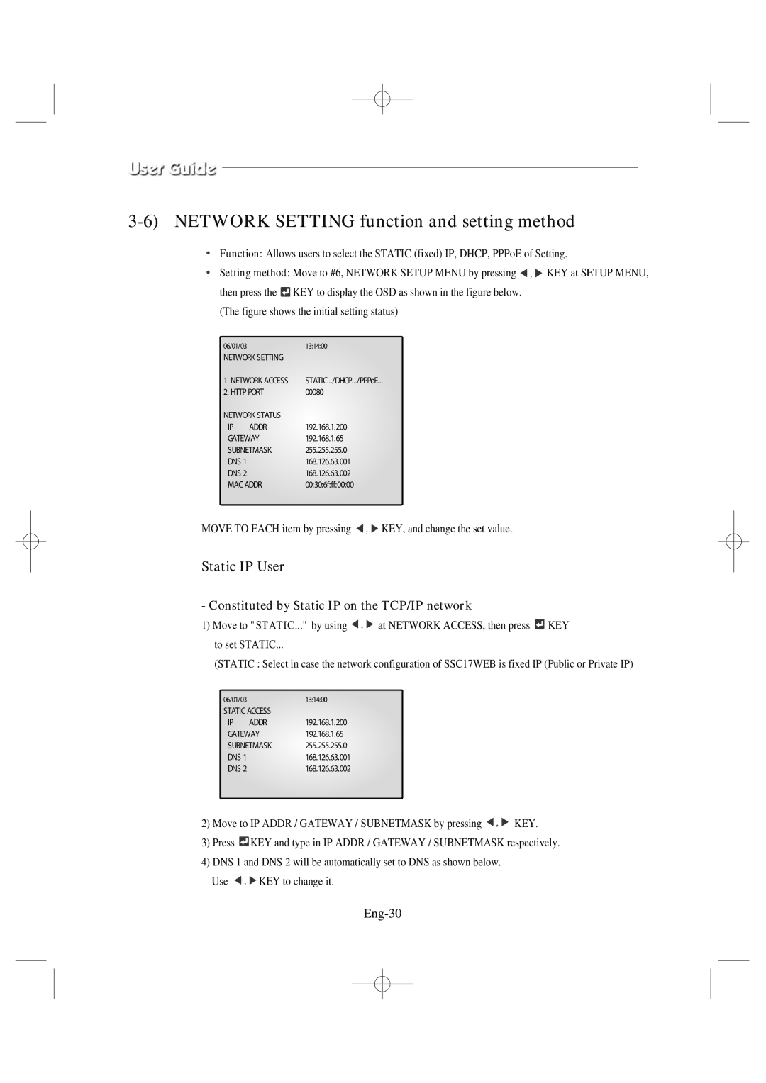 Samsung SSC17WEB manual Network Setting function and setting method, Constituted by Static IP on the TCP/IP network, Eng-30 