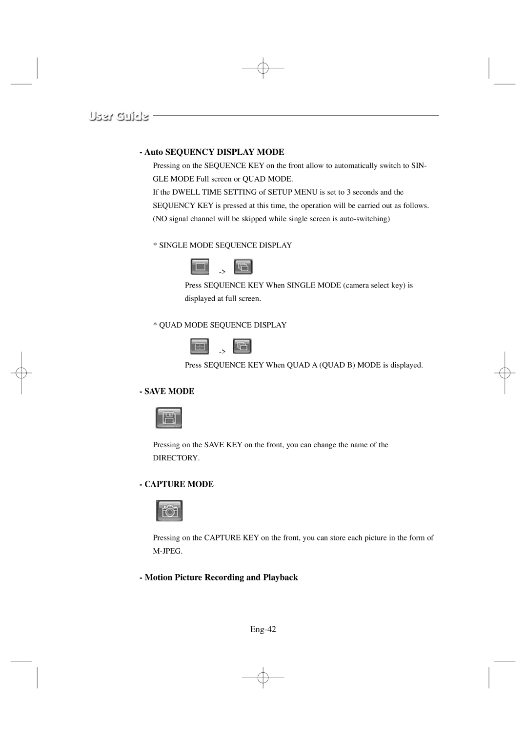 Samsung SSC17WEB manual Auto Sequency Display Mode, Motion Picture Recording and Playback, Eng-42 