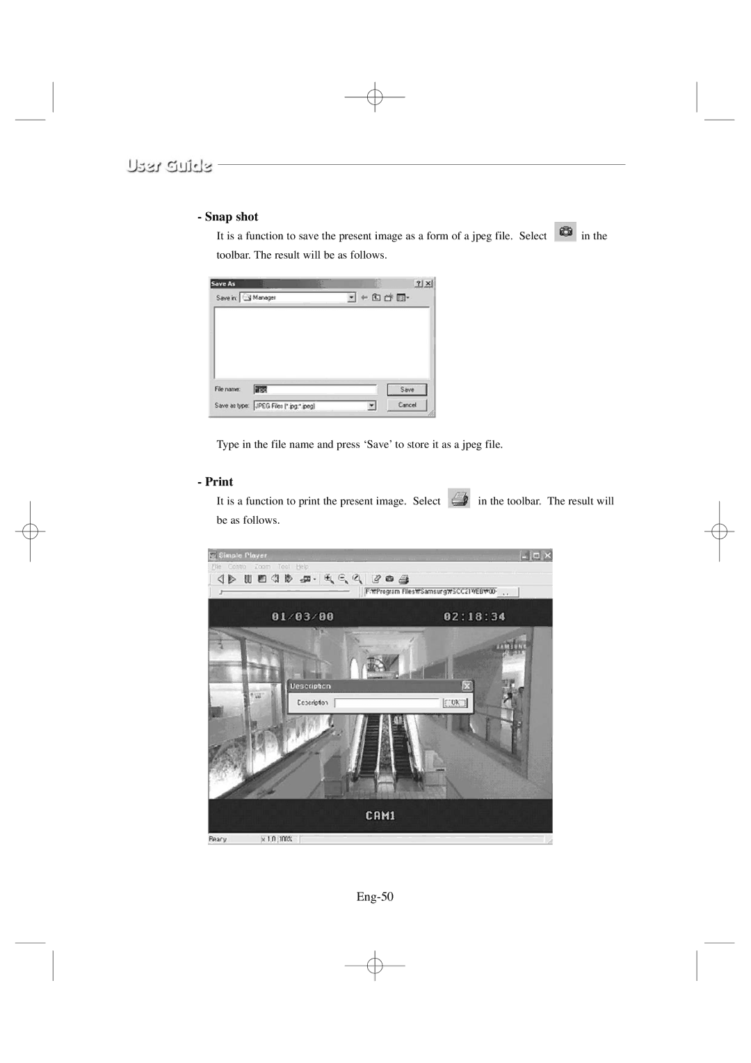 Samsung SSC17WEB manual Snap shot, Print, Eng-50 