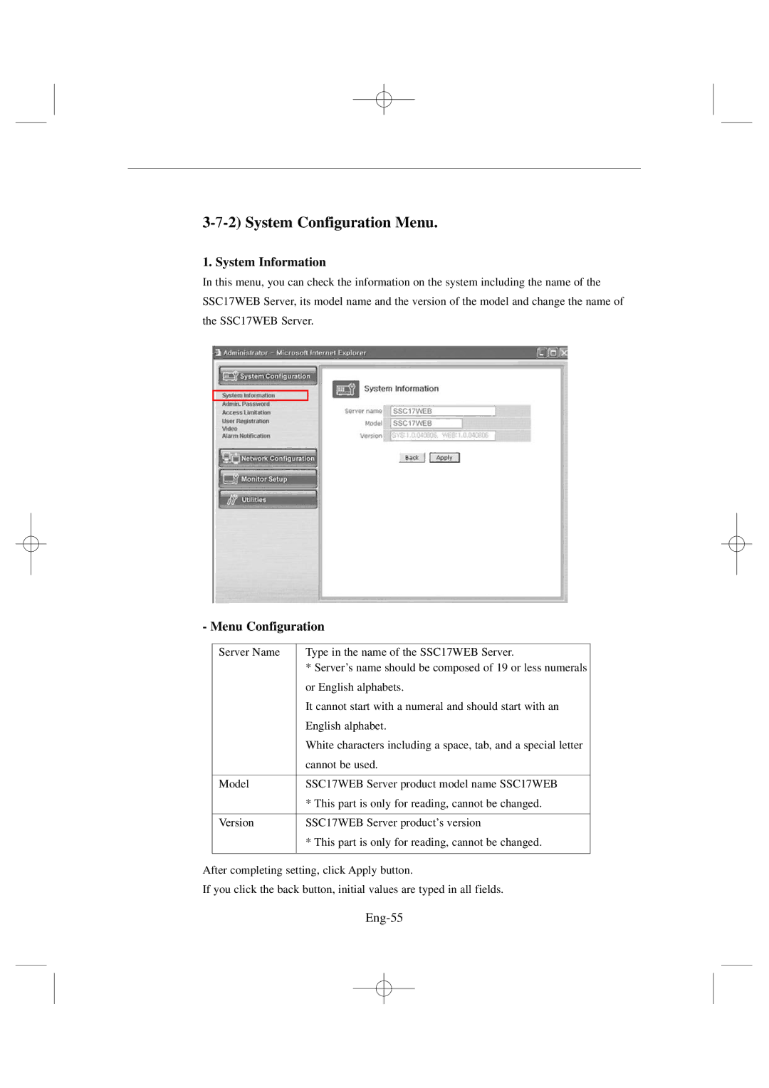 Samsung SSC17WEB manual System Information, Menu Configuration, Eng-55 