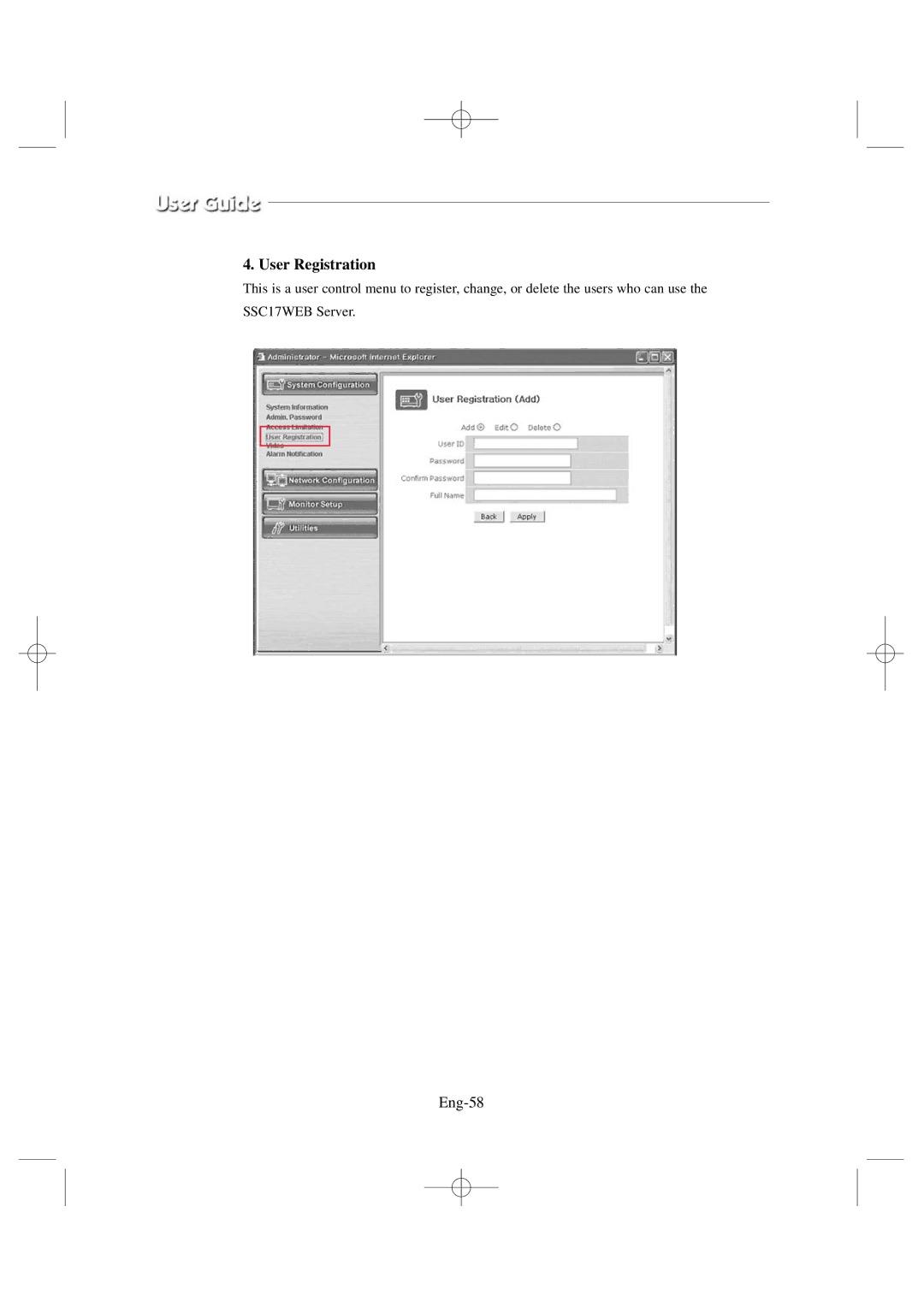 Samsung SSC17WEB manual User Registration, Eng-58 