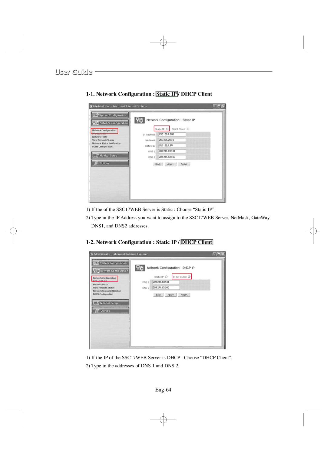 Samsung SSC17WEB manual Network Configuration Static IP / Dhcp Client, Eng-64 