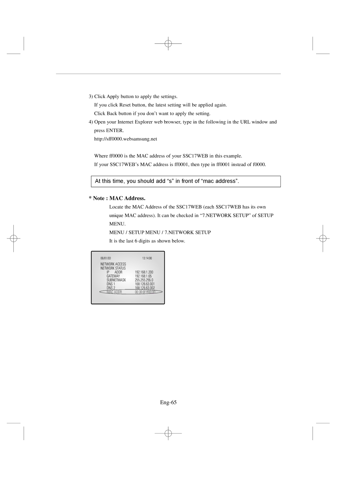 Samsung SSC17WEB manual At this time, you should add s in front of mac address, Eng-65 