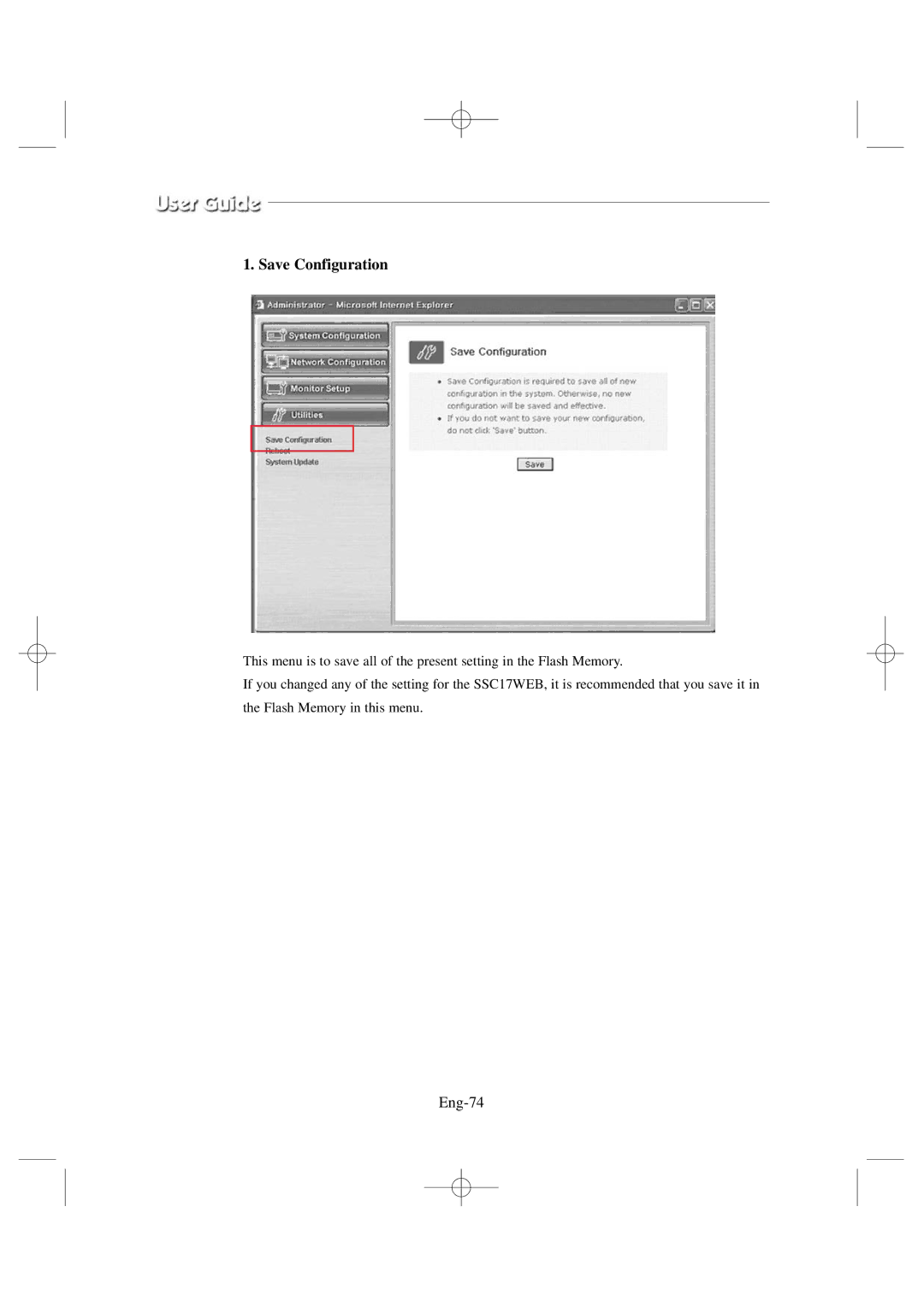 Samsung SSC17WEB manual Save Configuration, Eng-74 