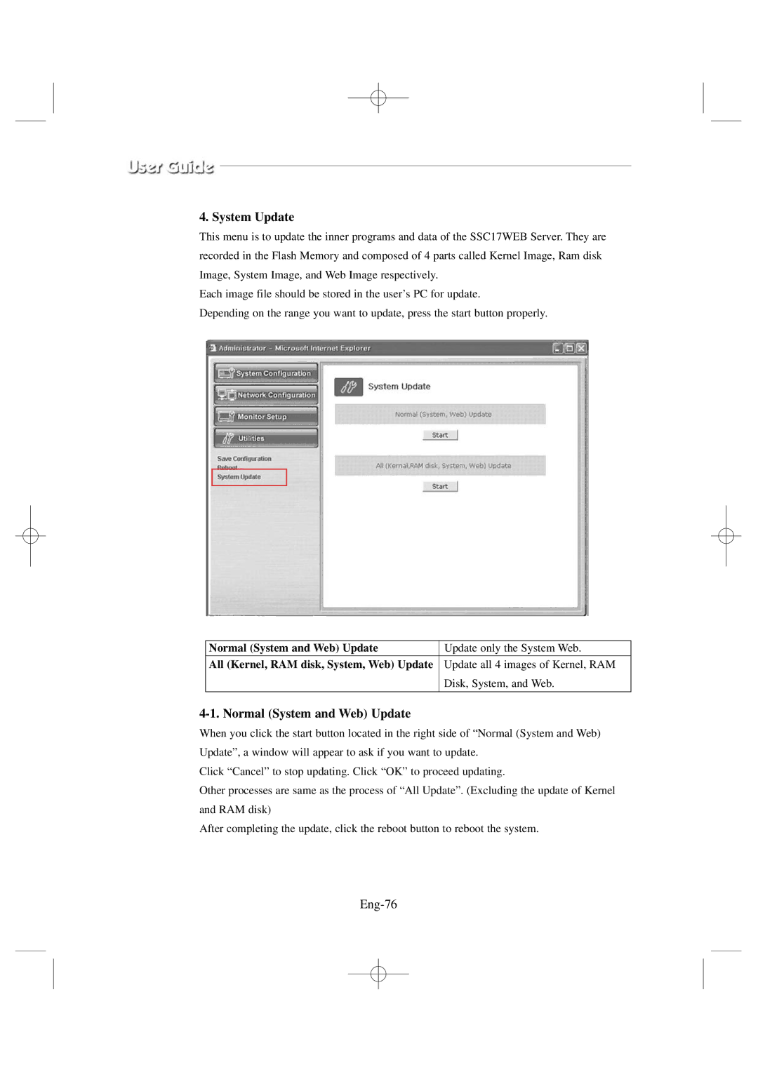 Samsung SSC17WEB manual System Update, Normal System and Web Update, Eng-76 