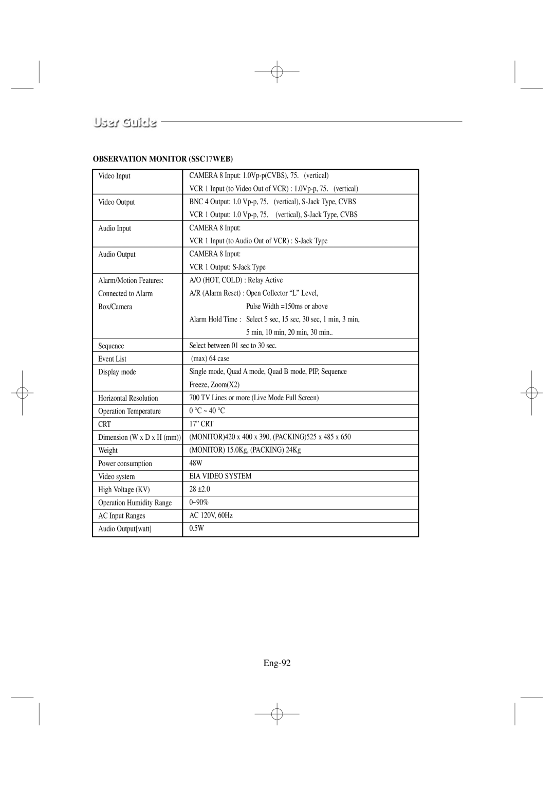 Samsung manual Eng-92, Observation Monitor SSC17WEB 