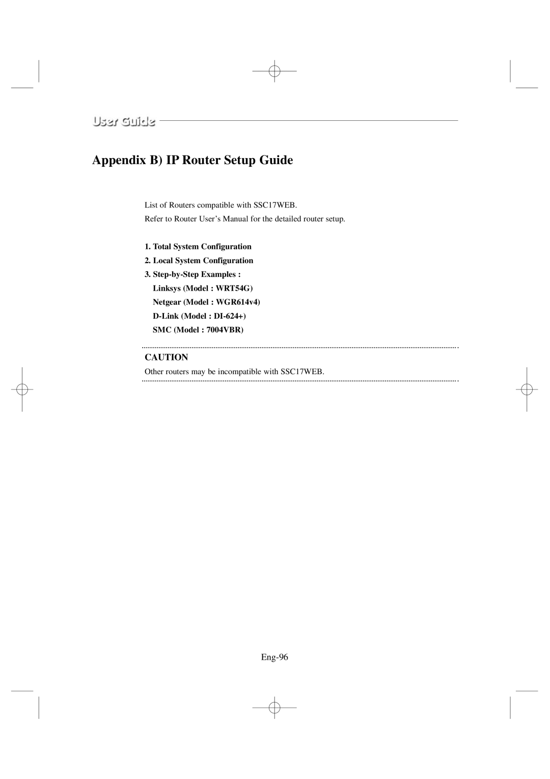 Samsung SSC17WEB manual Appendix B IP Router Setup Guide, Eng-96 