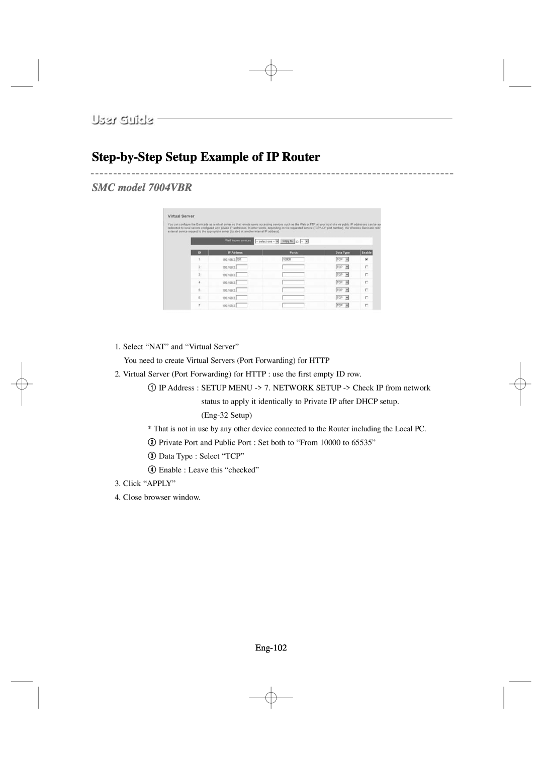 Samsung SSC17WEB manual SMC model 7004VBR, Step-by-StepSetup Example of IP Router, Eng-102 