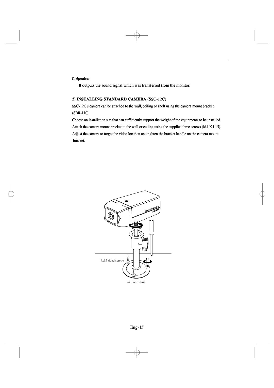 Samsung SSC17WEB manual Eng-15, f. Speaker, INSTALLING STANDARD CAMERA SSC-12C 
