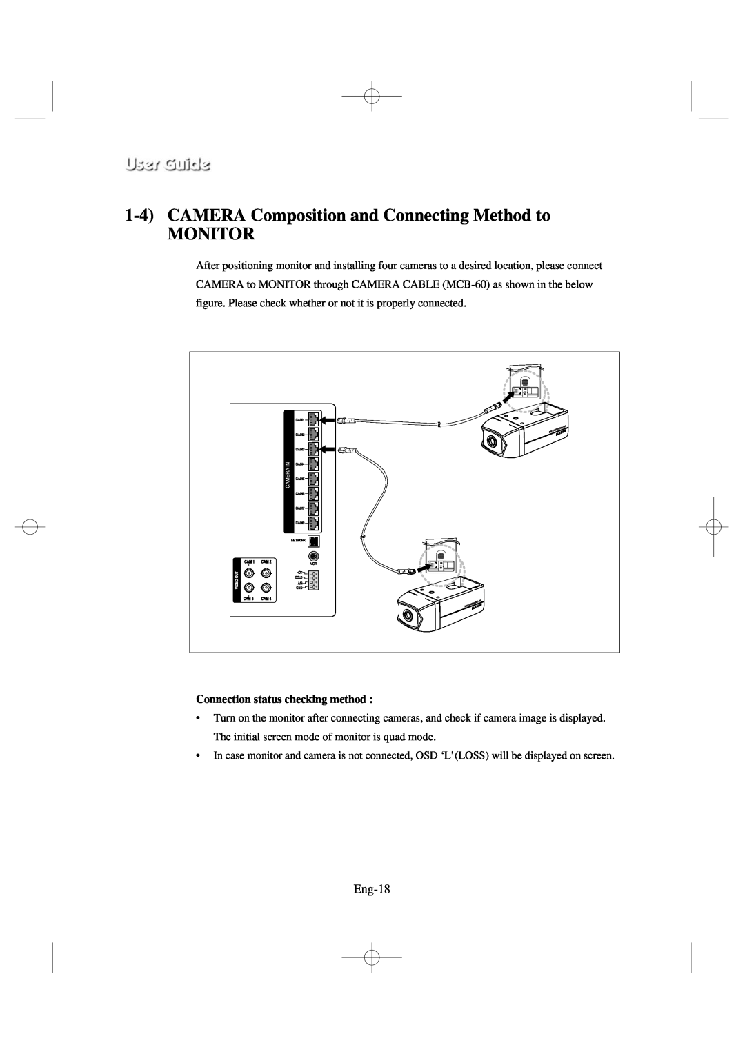 Samsung SSC17WEB manual 1-4CAMERA Composition and Connecting Method to, Monitor, Eng-18, Connection status checking method 