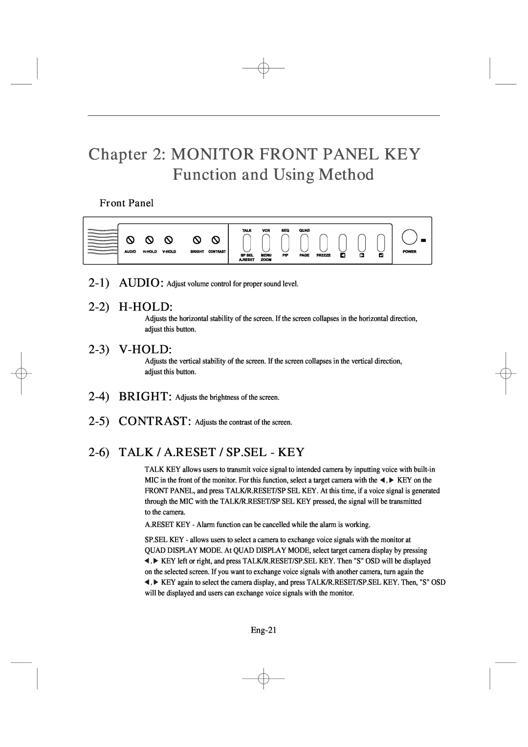 Samsung SSC17WEB manual H-Hold, V-Hold, 2-6TALK / A.RESET / SP.SEL - KEY, Front Panel 