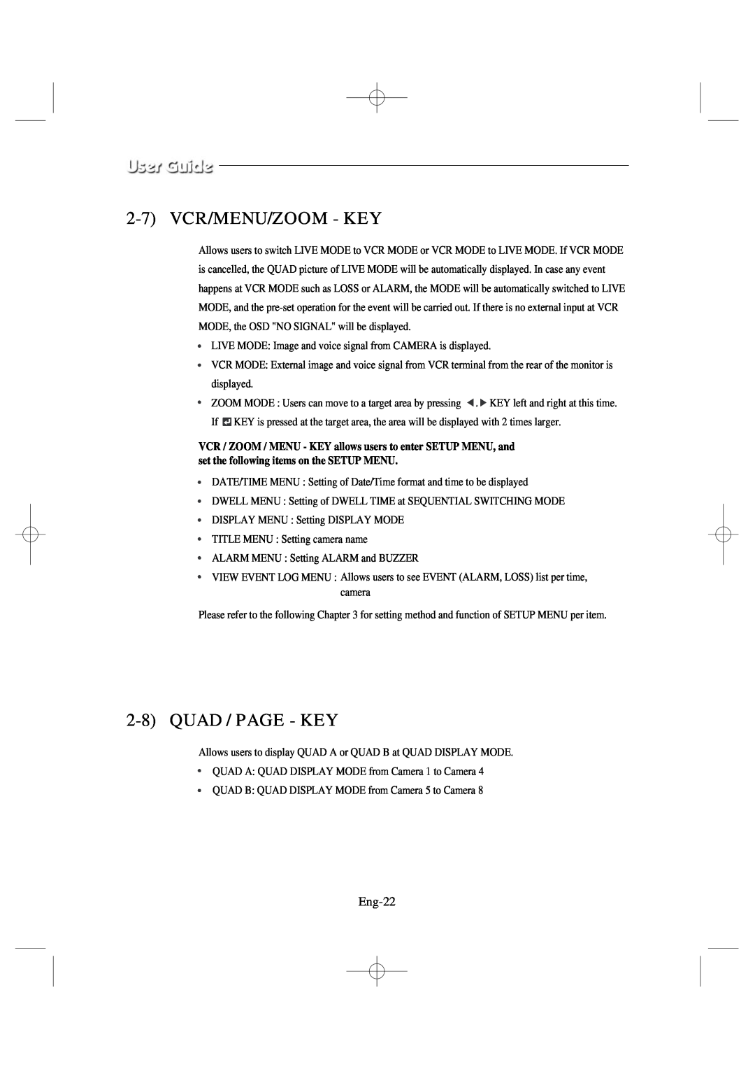 Samsung SSC17WEB manual 2-7VCR/MENU/ZOOM - KEY, 2-8QUAD / PAGE - KEY, Eng-22 