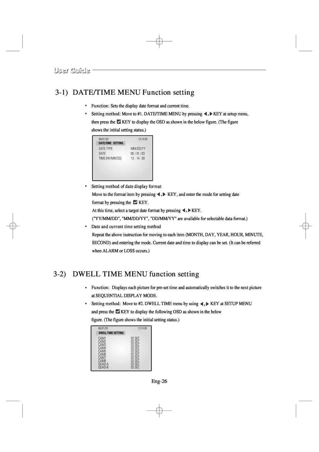 Samsung SSC17WEB manual 3-1DATE/TIME MENU Function setting, 3-2DWELL TIME MENU function setting, Eng-26 
