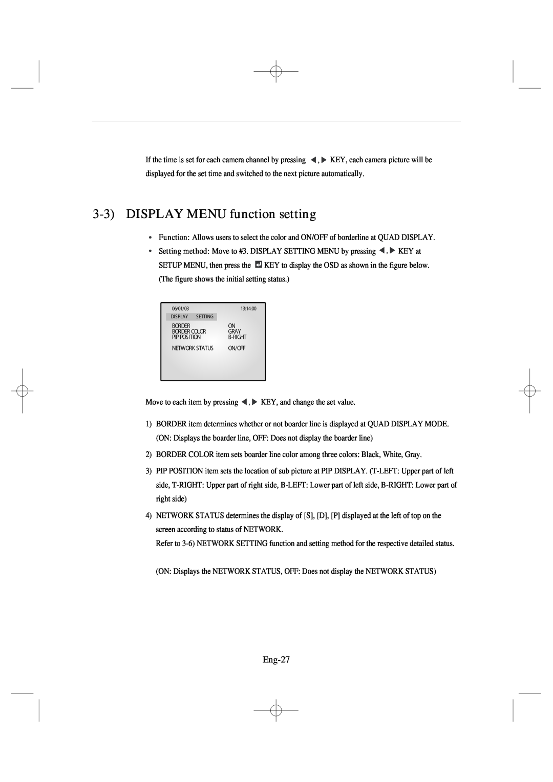 Samsung SSC17WEB manual 3-3DISPLAY MENU function setting, Eng-27 