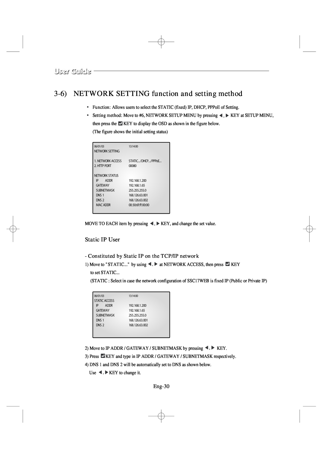 Samsung SSC17WEB manual 3-6NETWORK SETTING function and setting method, Static IP User 