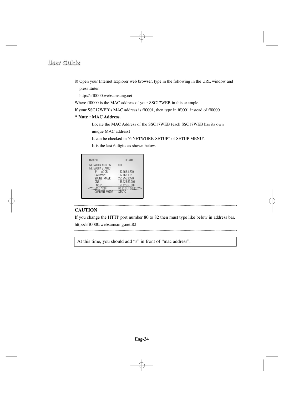 Samsung SSC17WEB manual Note MAC Address, Eng-34 
