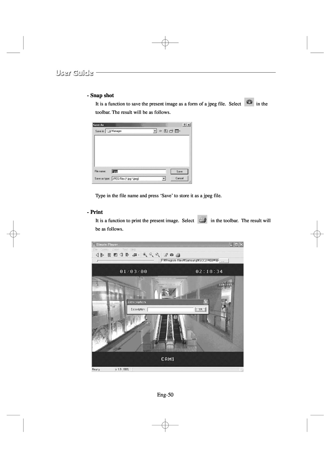 Samsung SSC17WEB manual Snap shot, Print, Eng-50 